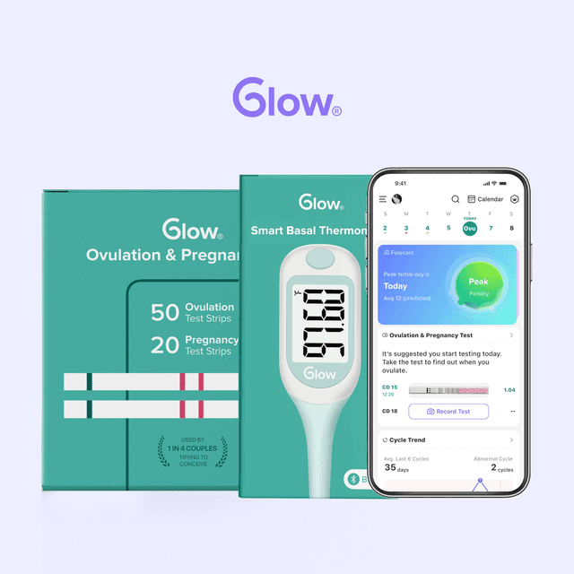 Glow Fertility Bundle: 50 Ovulation Strips, 20 Pregnancy Tests, 1 Smart Basal Thermometer, 1-Year Glow App Premium Subscription