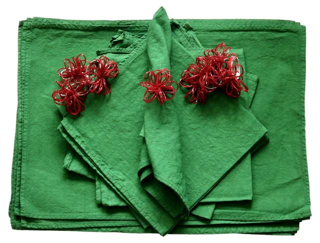 French Holiday Table Linens for 8 - Rose Victoria - Green
