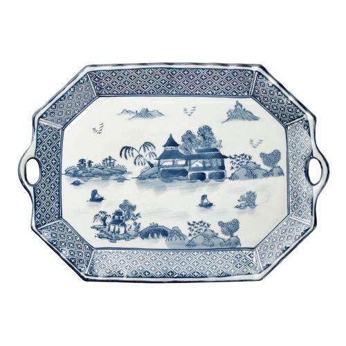 19" Handled Willow Platter - Blue/White
