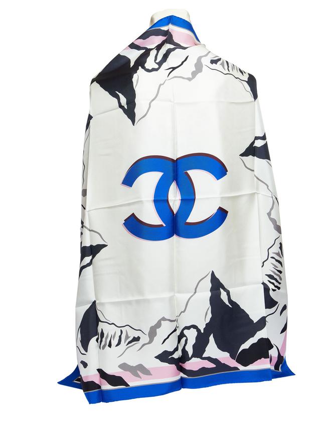 Chanel White Silk Blue CC Logo Scarf - Vintage Lux