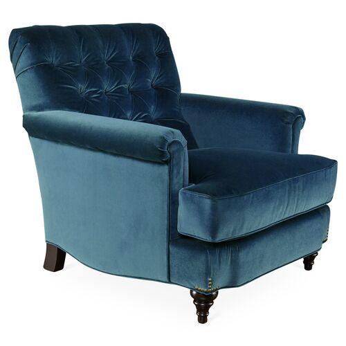 Acton Tufted Club Chair - Blue Velvet - Miles Talbott - Hancrafted in the USA | Lounge Chair, Armchair - Comfortable, Sturdy, Du