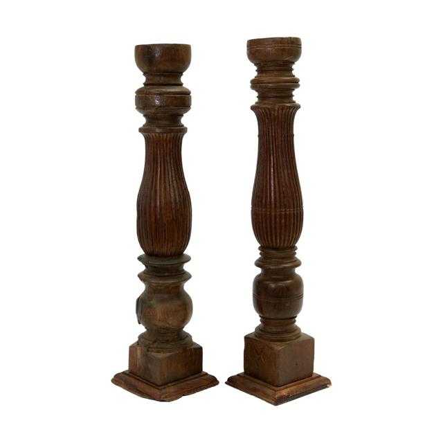 20" Hand-Carved Wood Candleholders - Set of 2 - Rose Victoria - Brown