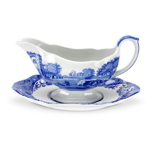 Spode Blue Italian Sauce Boat and Stand - Gray