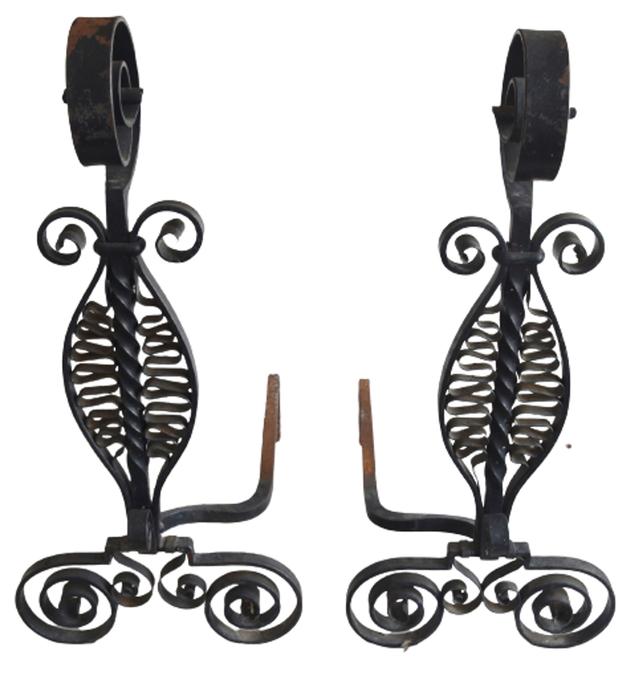 Pair Wrought Iron Fireplace Andirons - Black