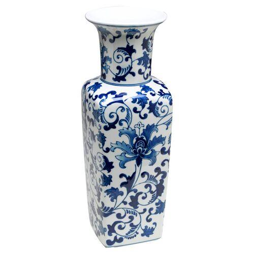 17" Floral Square Vase - Blue/White