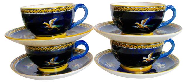 Gien French Faience Cups & Saucers Set of 4 - The Emporium Ltd. - Black