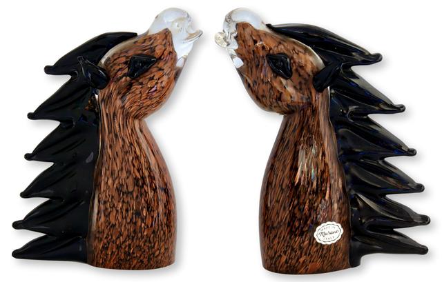Vintage Murano Glass Horse Head Bookends - The Queens Landing - Brown