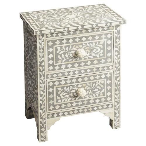 Layla Bone-Inlay Nightstand - Handcrafted | Night Table, Bedside Shelf - Gray - 2 Drawers, Offers Convenience, Storage, Organiza