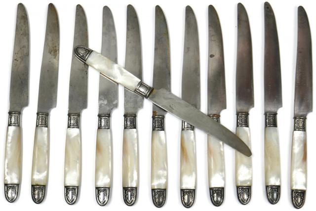 19th-C. French Pearl Dinner Knives - Set of 12 - Rose Victoria - Silver