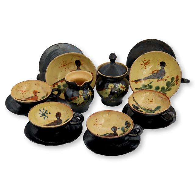 1960s French Coffee Set w/Birds - 14Pcs - Rose Victoria - Black