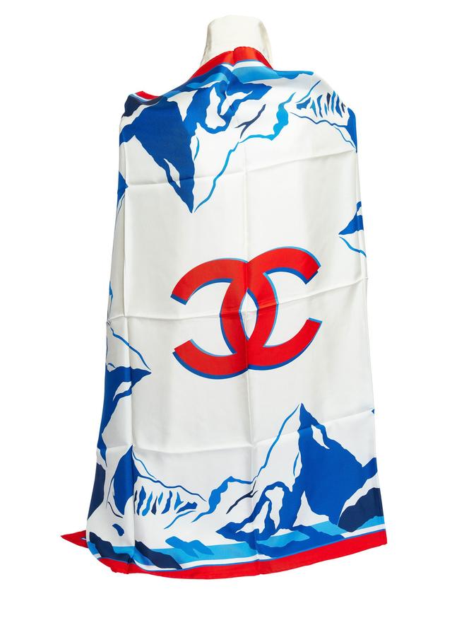 Chanel New White/Blue Silk Red CC Scarf - Vintage Lux
