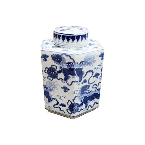 11" Lion Hexagonal Tea Jar - Blue/White