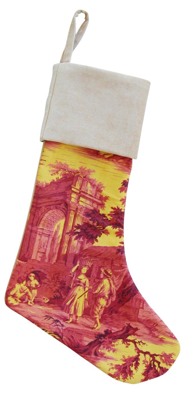 French Toile & Velvet Christmas Stocking - Red
