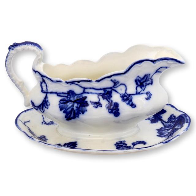 Flow Blue Grapevine Warwick Gravy Boat - Rose Victoria