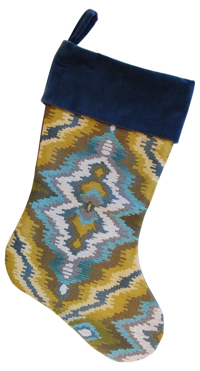 Woven Ikat & Velvet Christmas Stocking - Blue
