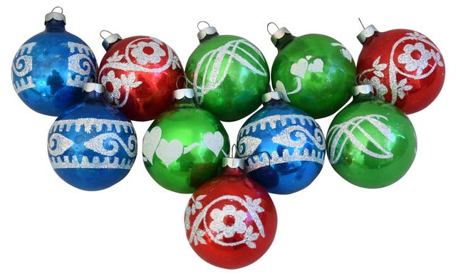 Glitter Christmas Ornaments w/Box - Set of 10 - Red