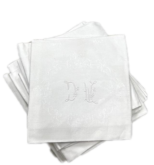 Antique French Dinner Napkins MG/DW Set of 12 - Rose Victoria - White