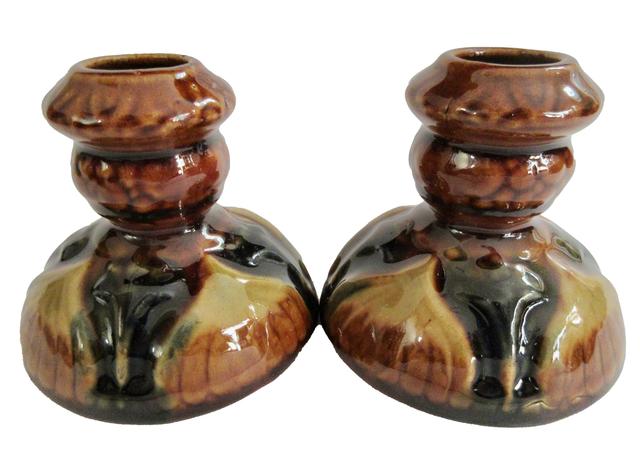 1940s McCoy Majolica Candlesticks Pair - The Emporium Ltd. - Brown | Candle Stand, Candle Holder - Ideal For Decoration, Lightin