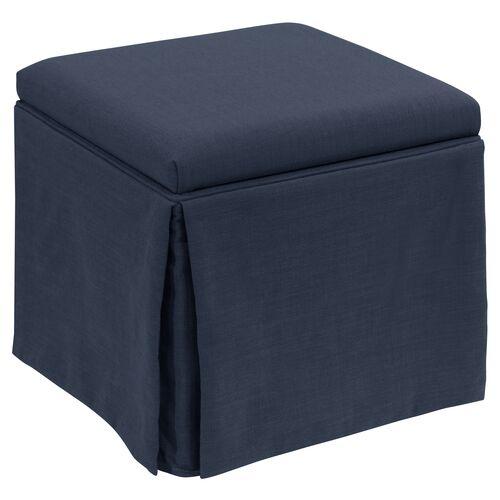 Anne Linen Skirted Storage Ottoman - Handcrafted - Blue | Footstool, Footrest, Low Seat - Ideal Storage, Decor, Furniture