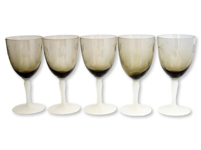 Smokey Etched Wine Glasses - Set of 5 - The Queens Landing - Gray