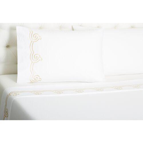 Serenity Embroidered Sheet Set - Hamburg House - White, 300 Thread Count, Egyptian Cotton Sateen, Soft and Luxurious
