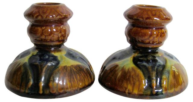 1940s American Pottery Candleholders - The Emporium Ltd. - Brown