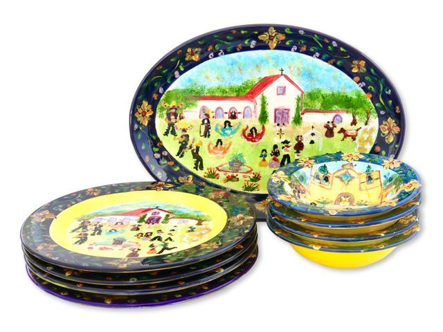 California Mission Dinnerware - 9Pcs - Rose Victoria - Handcrafted - Blue