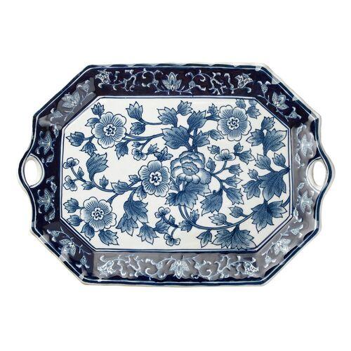 19" Handled Floral Platter - Blue/White
