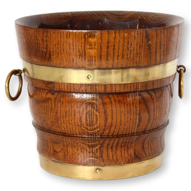 English Banded Oak Bucket/Planter - Rose Victoria - Brown - 9" W x 7.75" H