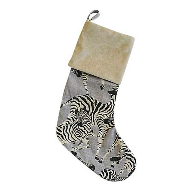 Zebra Linen & Velvet Christmas Stocking - Gray