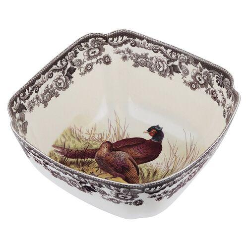 Spode Woodland Deep Square Serving Bowl 9.5 Inch (Pheasant) - Brown