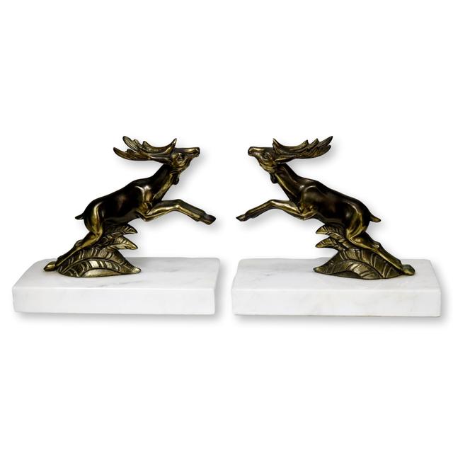 Midcentury Brass & Marble Deer Bookends - Rose Victoria - Gold