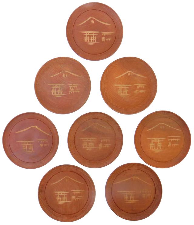 Asian MCM Teak Mt. Fuji Coasters - Set of 8 - Chez Vous - Brown