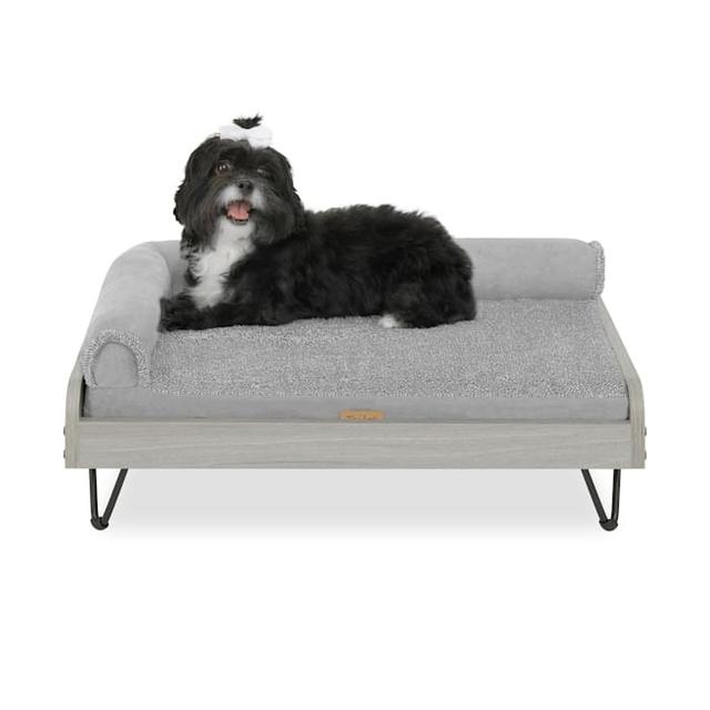 TailZzz Greenguard Gold Certified Elevated Asher Wooden Pet Bed with Mattress, 30.43" L X 19.4" W X 7.95" H, Silver, Gray, Medium