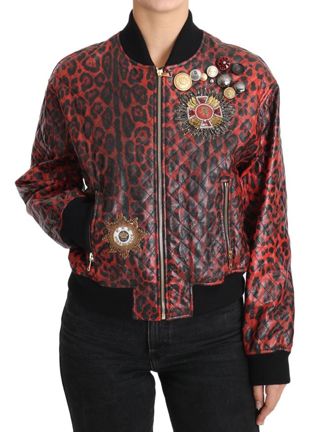 Dolce & Gabbana Red Leopard Button Crystal Leather Women's Jacket