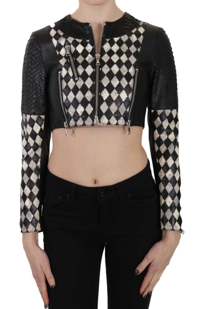 John Richmond Black White Leather Short Cropped Biker Jacket Women's Coat