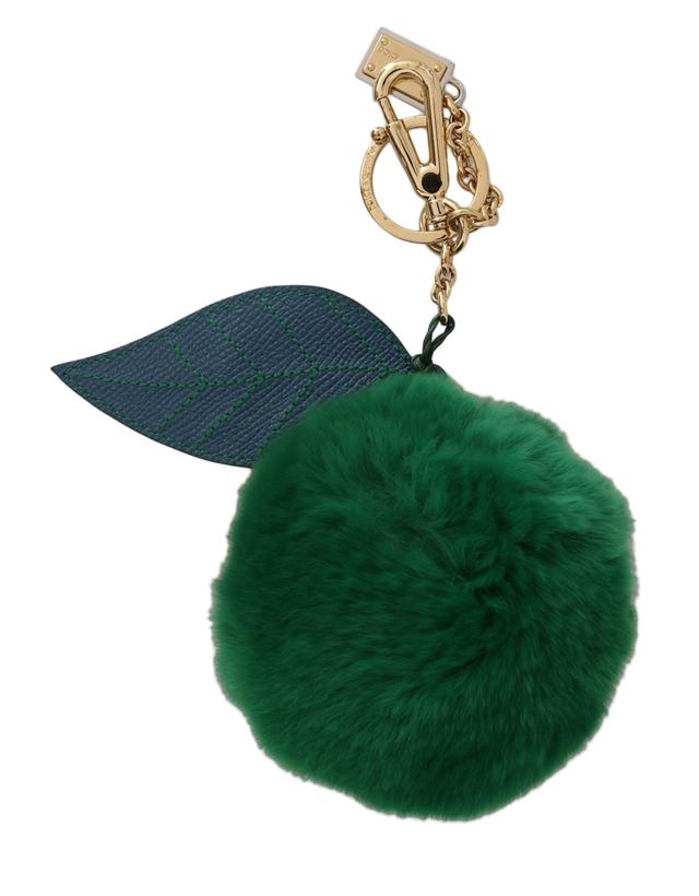 Dolce & Gabbana Green Leather Fur Gold Clasp Keyring Women Women's Keychain
