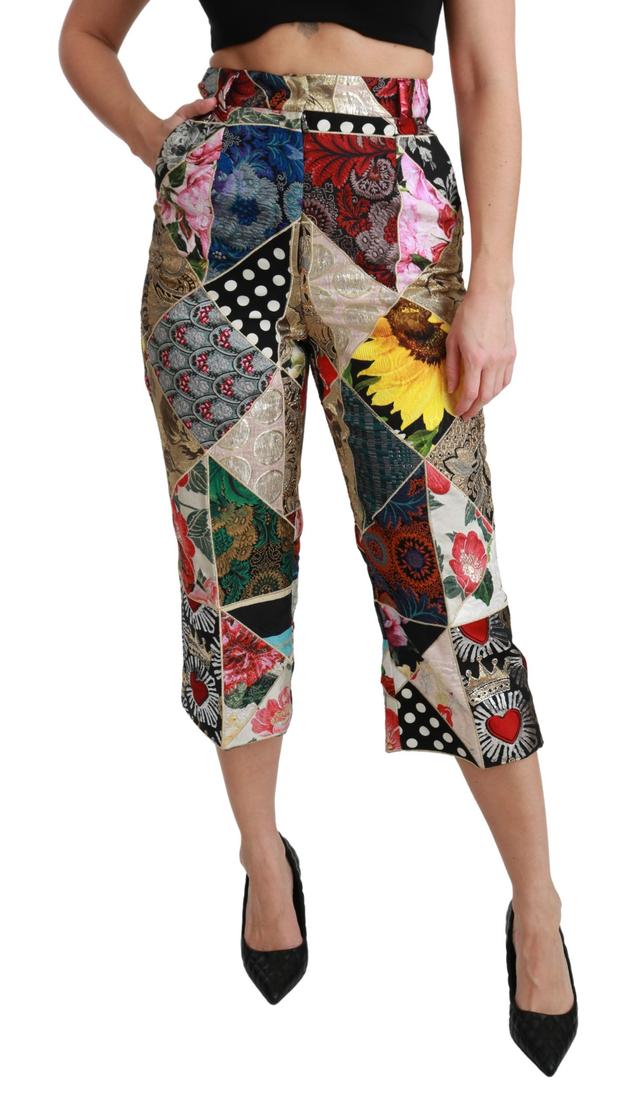 Dolce & Gabbana Silk Multicolor Print High Waist Cropped Women's Pants