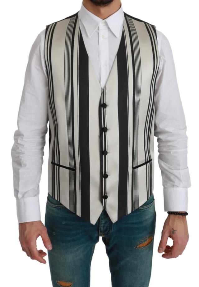 Dolce & Gabbana White Black Stripes Waistcoat Formal Men's Vest