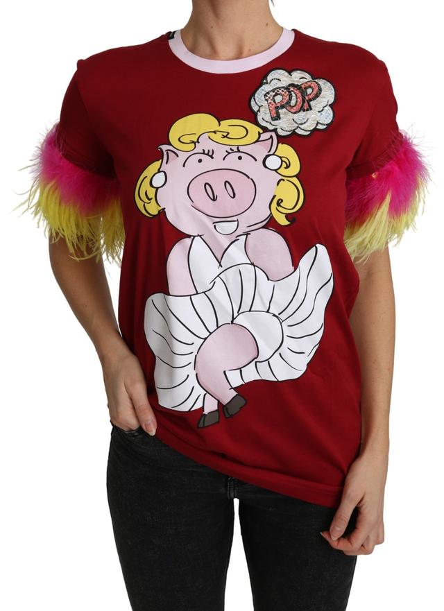 Dolce & Gabbana Red Pig Print Feather Sleeves T-shirt Women's Top