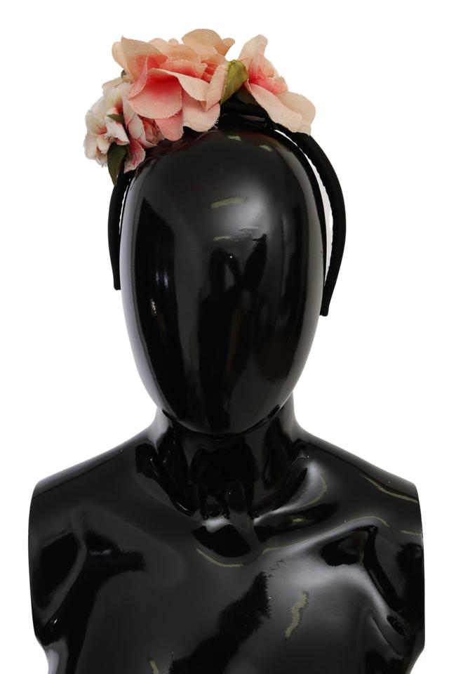 Dolce & Gabbana Pink Silk Black Floral Headband Logo Women's Diadem