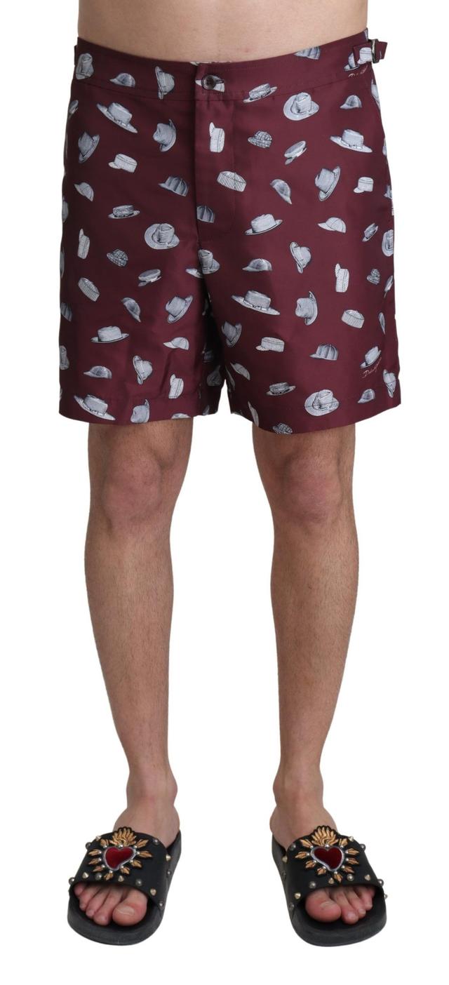 Dolce & Gabbana Maroon Hats Print Beachwear Shorts Men's Swimwear