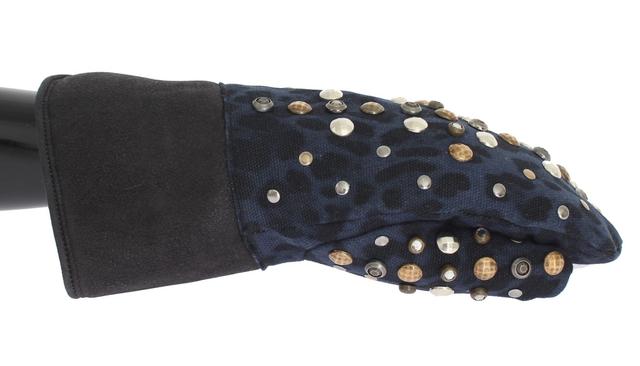 Dolce & Gabbana Gray Wool Shearling Studded Blue Leopard Men's Gloves
