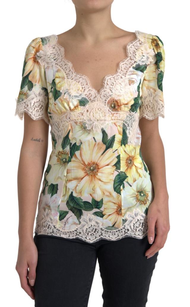 Dolce & Gabbana Multicolor Floral Lace V Neck Women's Blouse