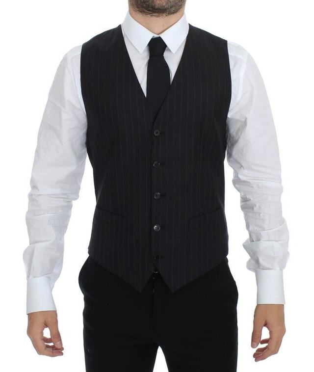 Dolce & Gabbana Black Striped Wool Silk Dress Vest Men's Gilet