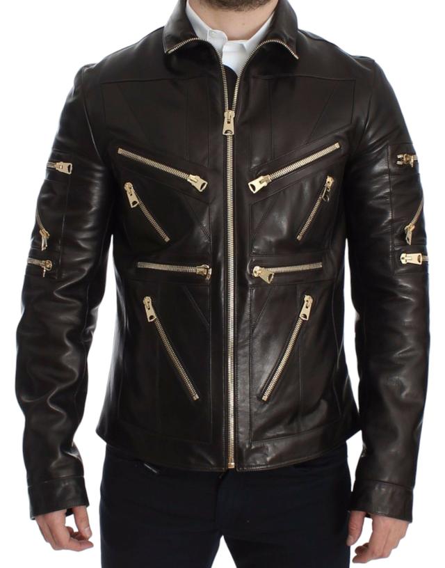 Dolce & Gabbana Brown Lambskin Leather Zipper Men's Jacket