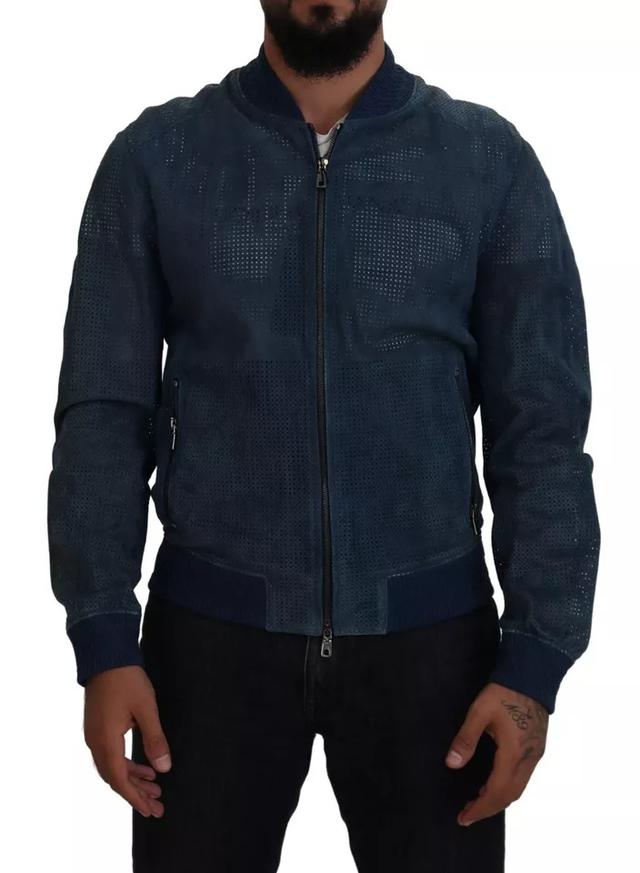 Dolce & Gabbana Blue Leather Perforated Full Zip Men's Jacket (Pre-Owned)