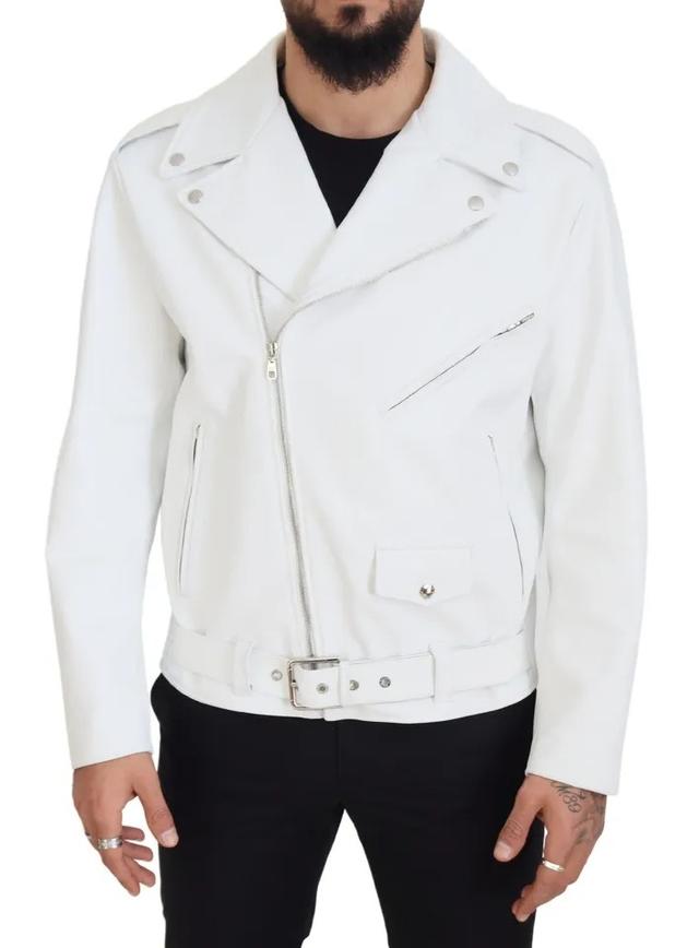Dolce & Gabbana White Leather Biker Coat Zipper Men's Jacket (Pre-Owned)