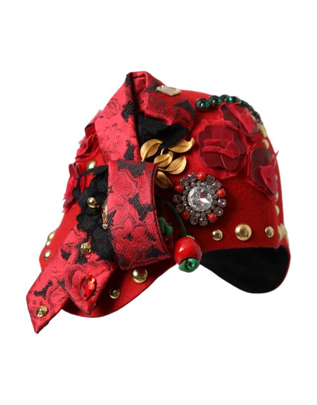 Dolce & Gabbana Red Crystal Gold Roses Brooch Embellished Women's Hat