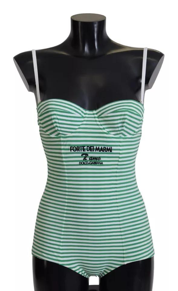 Dolce & Gabbana White Green Stripes One Piece Beachwear Women's Swimwear